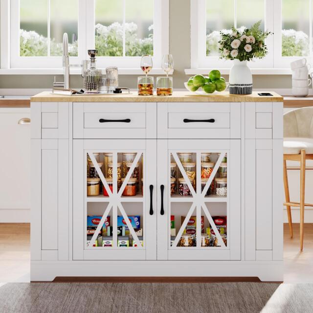 Mobile Kitchen Island with Foldable Tabletop and Sockets, Storage Buffet with Adjustable Shelves, 120L x 65W x 92H cm, White+Natural - Aosom UK - image 1