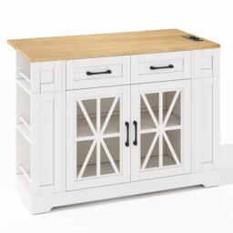 Mobile Kitchen Island with Foldable Tabletop and Sockets, Storage Buffet with Adjustable Shelves, 120L x 65W x 92H cm, White+Natural - Aosom UK - thumbnail 2