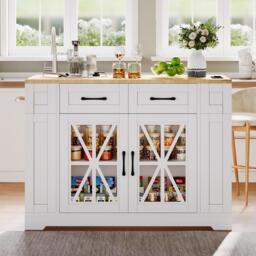 Mobile Kitchen Island with Foldable Tabletop and Sockets, Storage Buffet with Adjustable Shelves, 120L x 65W x 92H cm, White+Natural - Aosom UK - thumbnail 9