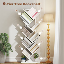 HOMCOM 9-Tier Tree Bookshelf, Industrial Free Standing Bookcase with Steel Frame, Display Storage White - thumbnail 4