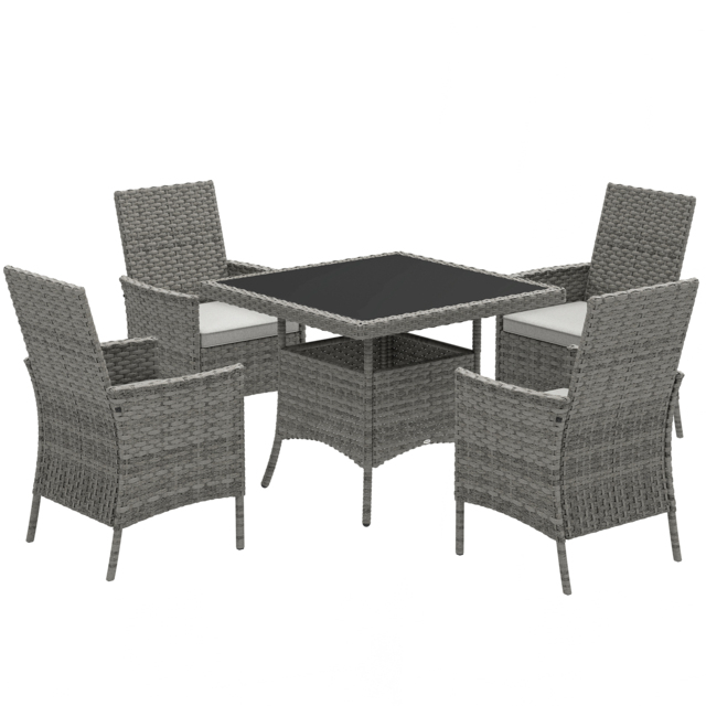 Outsunny Rattan Garden Furniture Set, Outdoor Dining Table and Chairs 4 Seater with Cushions, Square Tempered Glass Top, 4 Armchairs, for Balcony, Terrace, Conservatory, Grey - image 1