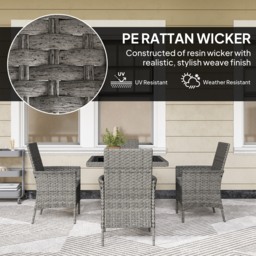 Outsunny Rattan Garden Furniture Set, Outdoor Dining Table and Chairs 4 Seater with Cushions, Square Tempered Glass Top, 4 Armchairs, for Balcony, Terrace, Conservatory, Grey - thumbnail 5