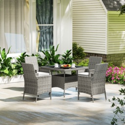 Outsunny Rattan Garden Furniture Set, Outdoor Dining Table and Chairs 4 Seater with Cushions, Square Tempered Glass Top, 4 Armchairs, for Balcony, Terrace, Conservatory, Grey - thumbnail 8