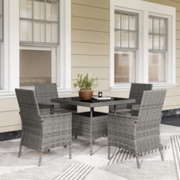 Outsunny Rattan Garden Furniture Set, Outdoor Dining Table and Chairs 4 Seater with Cushions, Square Tempered Glass Top, 4 Armchairs, for Balcony, Terrace, Conservatory, Grey - thumbnail 2
