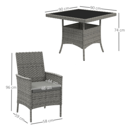 Outsunny Rattan Garden Furniture Set, Outdoor Dining Table and Chairs 4 Seater with Cushions, Square Tempered Glass Top, 4 Armchairs, for Balcony, Terrace, Conservatory, Grey - thumbnail 3