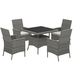 Outsunny Rattan Garden Furniture Set, Outdoor Dining Table and Chairs 4 Seater with Cushions, Square Tempered Glass Top, 4 Armchairs, for Balcony, Terrace, Conservatory, Grey - thumbnail 1