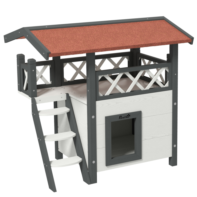 PawHut Cat House Outdoor w/ Balcony Stairs Roof, 77 x 50 x 73 cm, White - image 1