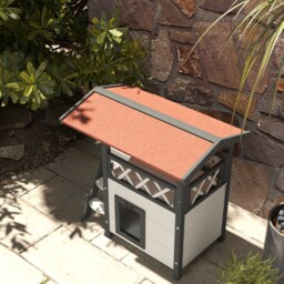 PawHut Cat House Outdoor w/ Balcony Stairs Roof, 77 x 50 x 73 cm, White - thumbnail 9