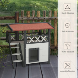 PawHut Cat House Outdoor w/ Balcony Stairs Roof, 77 x 50 x 73 cm, White - thumbnail 6