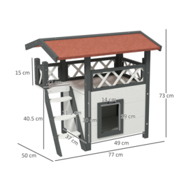 PawHut Cat House Outdoor w/ Balcony Stairs Roof, 77 x 50 x 73 cm, White - thumbnail 3