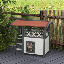 PawHut Cat House Outdoor w/ Balcony Stairs Roof, 77 x 50 x 73 cm, White - thumbnail 2