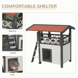 PawHut Cat House Outdoor w/ Balcony Stairs Roof, 77 x 50 x 73 cm, White - thumbnail 4