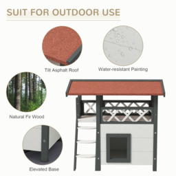 PawHut Cat House Outdoor w/ Balcony Stairs Roof, 77 x 50 x 73 cm, White - thumbnail 5