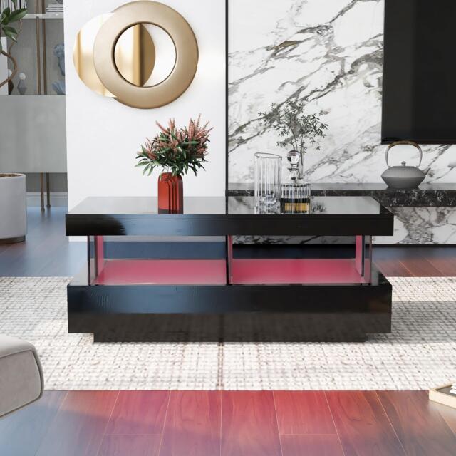 Stylish Coffee Table with 2 Drawers, Open Storage and LED Lights, Durable Center Table for Living Room, 100L x 60W x 49.5H cm, Black - Aosom UK