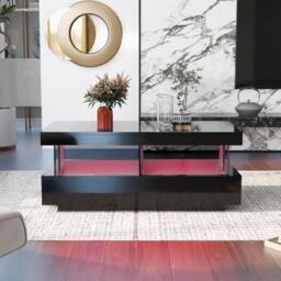 Stylish Coffee Table with 2 Drawers, Open Storage and LED Lights, Durable Center Table for Living Room, 100L x 60W x 49.5H cm, Black - Aosom UK - thumbnail 1