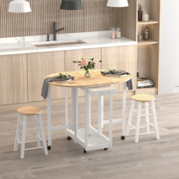 HOMCOM Bar Table and Stools with Storage Shelf, 3-Pieces Wooden Kitchen Cart with 2 Drawers and 6 Wheels, White - Aosom UK - thumbnail 4
