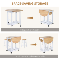 HOMCOM Bar Table and Stools with Storage Shelf, 3-Pieces Wooden Kitchen Cart with 2 Drawers and 6 Wheels, White - Aosom UK - thumbnail 6