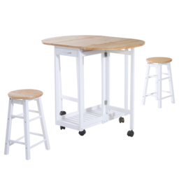 HOMCOM Bar Table and Stools with Storage Shelf, 3-Pieces Wooden Kitchen Cart with 2 Drawers and 6 Wheels, White - Aosom UK