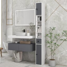 Kleankin 180cm Tall Slim Bathroom Cabinet, Narrow Toilet Roll Storage with Open Shelves, 2 Door Cabinets, Adjustable Shelves, for Kitchen - Aosom UK - thumbnail 9