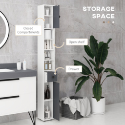Kleankin 180cm Tall Slim Bathroom Cabinet, Narrow Toilet Roll Storage with Open Shelves, 2 Door Cabinets, Adjustable Shelves, for Kitchen - Aosom UK - thumbnail 4