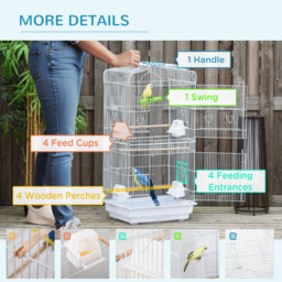 PawHut Large Metal Bird Cage with Stand, Perches, Food Bowls, Swing for Budgie, Parakeet, 46.5 x 35.5 x 92cm,White - thumbnail 6