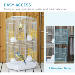 PawHut Large Metal Bird Cage with Stand, Perches, Food Bowls, Swing for Budgie, Parakeet, 46.5 x 35.5 x 92cm,White - thumbnail 4