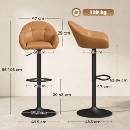 HOMCOM Bar Stools Adjustable Heights Breakfast Bar Stools Backrest Armrests Set of 2, Brown - thumbnail 3