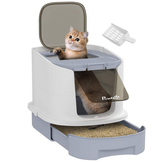 PawHut Cat Litter Box with Lid, Scoop, Deodorization Bags, Top Entry, Cat Toilet Easy Clean with Drawer Pan, Grey - image 1