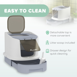 PawHut Cat Litter Box with Lid, Scoop, Deodorization Bags, Top Entry, Cat Toilet Easy Clean with Drawer Pan, Grey - thumbnail 5