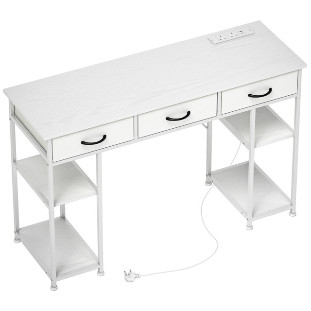 HOMCOM 120cm Computer Desk with Power Outlets, Office Desk Study Table with 3 Fabric Drawers and 4 Storage Shelves, White - image 1