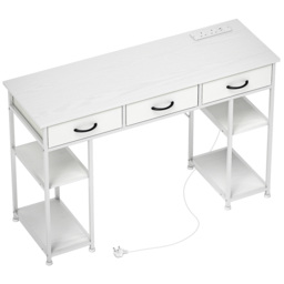 HOMCOM 120cm Computer Desk with Power Outlets, Office Desk Study Table with 3 Fabric Drawers and 4 Storage Shelves, White - thumbnail 1