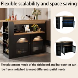 Modern Extendable Dining Table with Storage and LED Strip, Kitchen Island with Extendable Swivel Dining Table, 138-193x39x105 cm, Black - Aosom UK - thumbnail 4