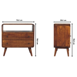 Solid Mango Wood Bedside Table, Nightstand Cabinet with 2-Drawer, Open Shelf, 35L x 70W x 70H cm, Brown - Aosom UK - thumbnail 3