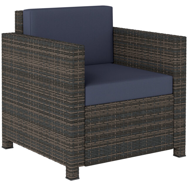 Outsunny PE Rattan Garden Armchair with Cushion - Mixed Brown/Navy Blue - image 1
