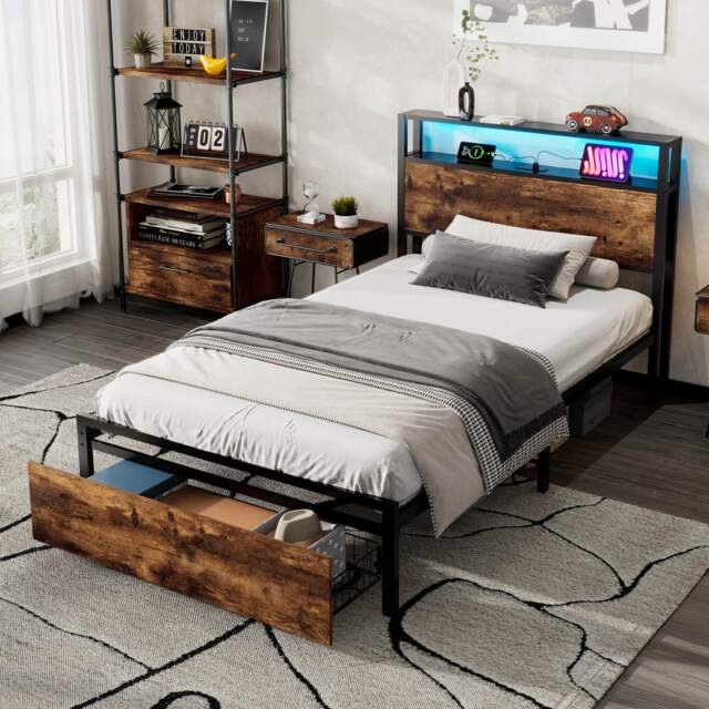 Single Metal Bed with LED Light Strip, Drawer, and USB Ports, Home and Furniture Bedroom Furniture, 207.5x90.5x105 cm, Black + Dark Walnut - Aosom.UK - image 1