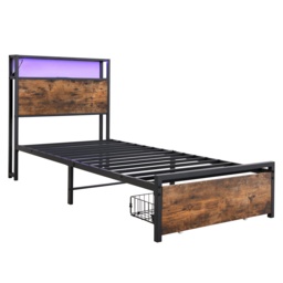 Single Metal Bed with LED Light Strip, Drawer, and USB Ports, Home and Furniture Bedroom Furniture, 207.5x90.5x105 cm, Black + Dark Walnut - Aosom.UK - thumbnail 2