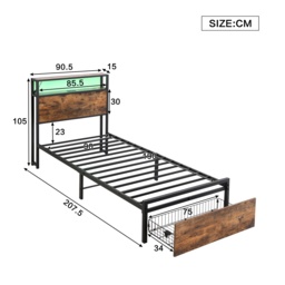 Single Metal Bed with LED Light Strip, Drawer, and USB Ports, Home and Furniture Bedroom Furniture, 207.5x90.5x105 cm, Black + Dark Walnut - Aosom.UK - thumbnail 3