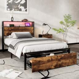Single Metal Bed with LED Light Strip, Drawer, and USB Ports, Home and Furniture Bedroom Furniture, 207.5x90.5x105 cm, Black + Dark Walnut - Aosom.UK - thumbnail 9