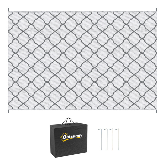 Outsunny Reversible Outdoor Rug w/ Carry Bag & Ground Stakes, Waterproof Plastic Straw Mat for Backyard, RV, Picnic, Camping, Grey & White - Aosom UK - image 1