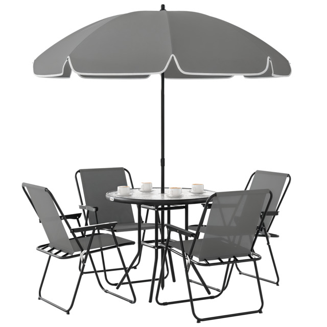 Outsunny 4 Seater Garden Furniture Set, 6 Pieces Garden Table and Chairs with Parasol, Folding Chairs and Round Glass Top Table for Patio, Grey - image 1