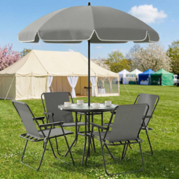 Outsunny 4 Seater Garden Furniture Set, 6 Pieces Garden Table and Chairs with Parasol, Folding Chairs and Round Glass Top Table for Patio, Grey - thumbnail 9