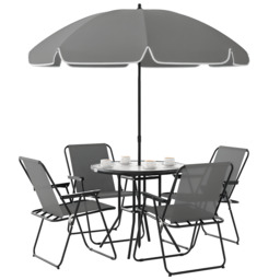 Outsunny 4 Seater Garden Furniture Set, 6 Pieces Garden Table and Chairs with Parasol, Folding Chairs and Round Glass Top Table for Patio, Grey