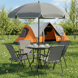 Outsunny 4 Seater Garden Furniture Set, 6 Pieces Garden Table and Chairs with Parasol, Folding Chairs and Round Glass Top Table for Patio, Grey - thumbnail 2