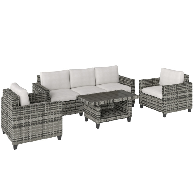 Outsunny 6 Pieces Rattan Garden Furniture Set, 5 Seater Wicker Outdoor Furniture Set with 2 Armchairs, Steel Frame Coffee Table and Cushions for Balcony, Porch, Light Grey - image 1
