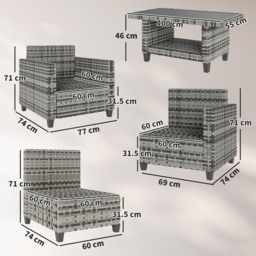 Outsunny 6 Pieces Rattan Garden Furniture Set, 5 Seater Wicker Outdoor Furniture Set with 2 Armchairs, Steel Frame Coffee Table and Cushions for Balcony, Porch, Light Grey - thumbnail 3