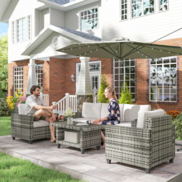 Outsunny 6 Pieces Rattan Garden Furniture Set, 5 Seater Wicker Outdoor Furniture Set with 2 Armchairs, Steel Frame Coffee Table and Cushions for Balcony, Porch, Light Grey - thumbnail 9