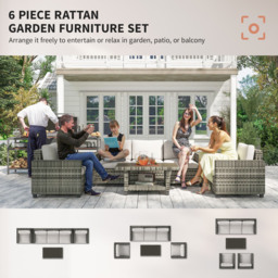 Outsunny 6 Pieces Rattan Garden Furniture Set, 5 Seater Wicker Outdoor Furniture Set with 2 Armchairs, Steel Frame Coffee Table and Cushions for Balcony, Porch, Light Grey - thumbnail 4