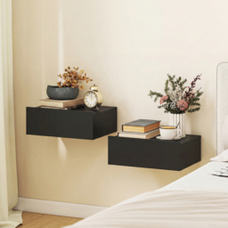 HOMCOM Floating Bedside Table Set of 2, Wall-Mounted Nightstand with Storage Drawer, Small Side End Table for Bedroom, Black - thumbnail 2