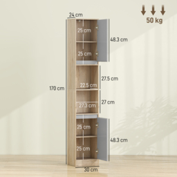 HOMCOM Tall Bathroom Cabinet, Freestanding Bathroom Storage Cabinet with 2 Cupboards 2 Compartments, Anti-Tipping Elevated Base, Grey and Oak Brown - thumbnail 3