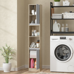 HOMCOM Tall Bathroom Cabinet, Freestanding Bathroom Storage Cabinet with 2 Cupboards 2 Compartments, Anti-Tipping Elevated Base, Grey and Oak Brown - thumbnail 9